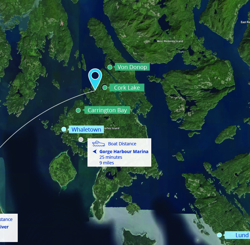 Map view showing boat distances from Quartz Bay to places such as Desolation Sound, Gorge Harbour Marina, and Campbell River.