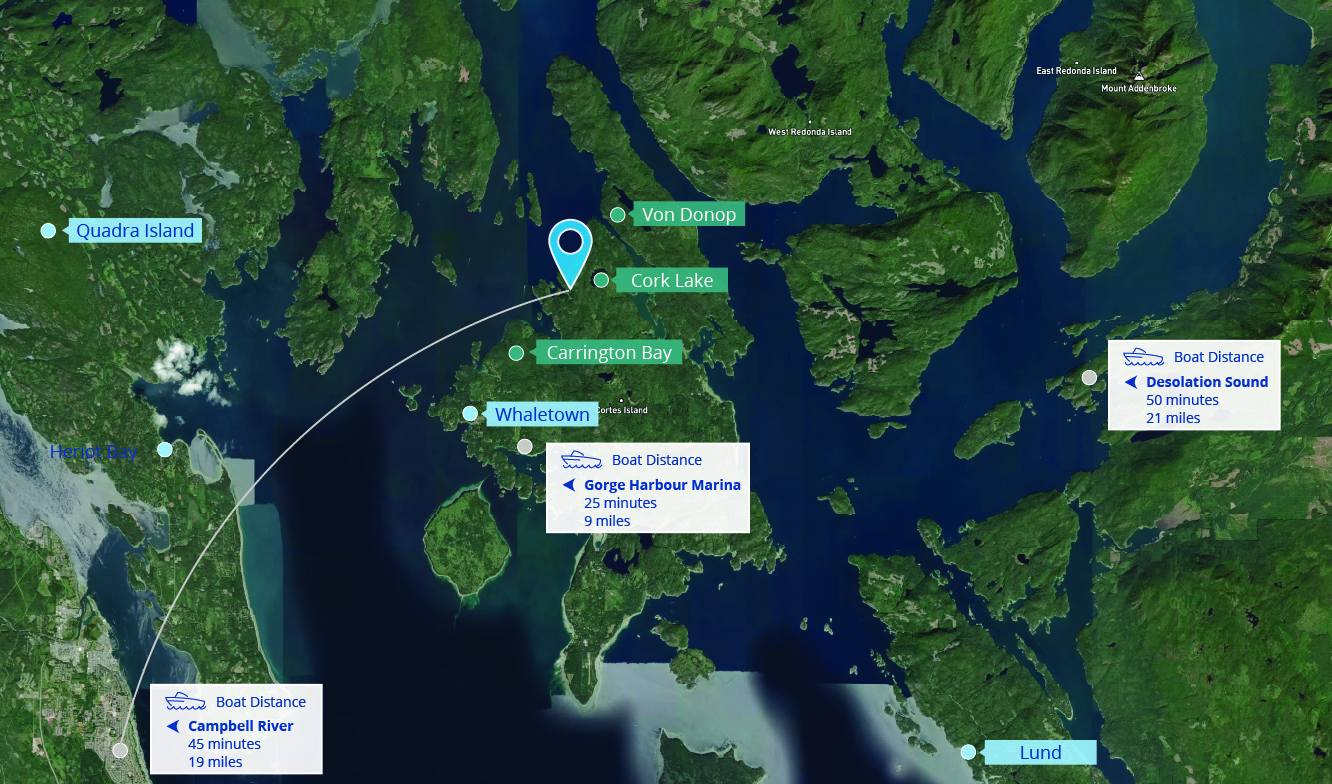 Map view showing boat distances from Quartz Bay to places such as Desolation Sound, Gorge Harbour Marina, and Campbell River.