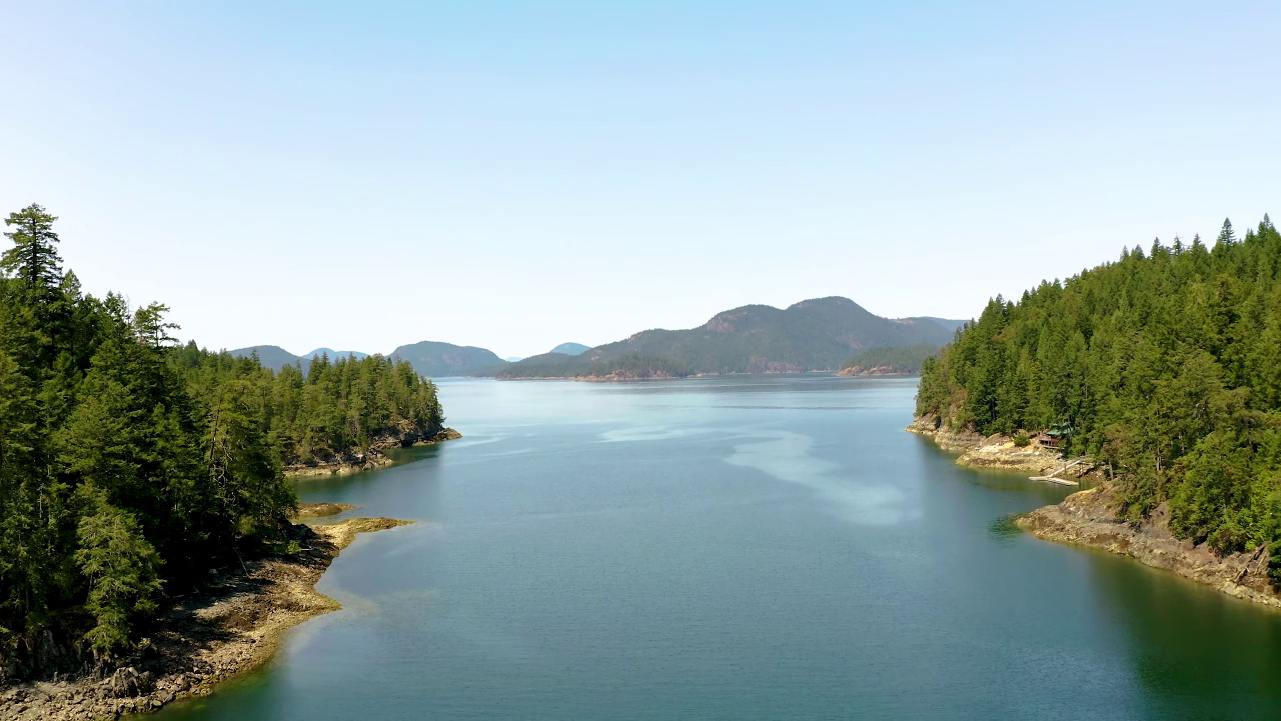 View of the bay with thick forest on either side.